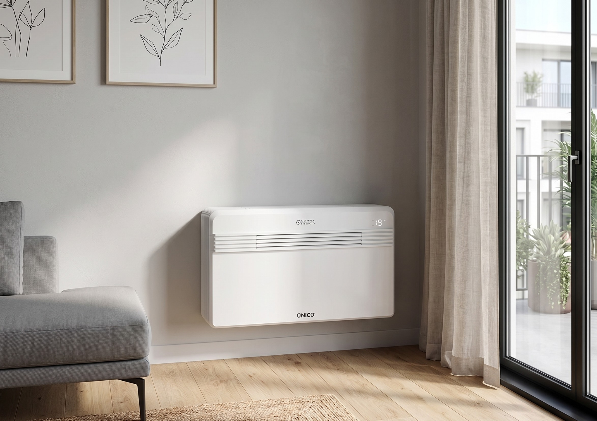 Olimpia Unico monobloc unit installed in a modern living room