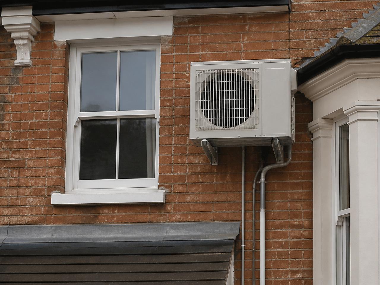 Wall of a British house with an outdoor air conditioning condenser unit, bracket and trunking.